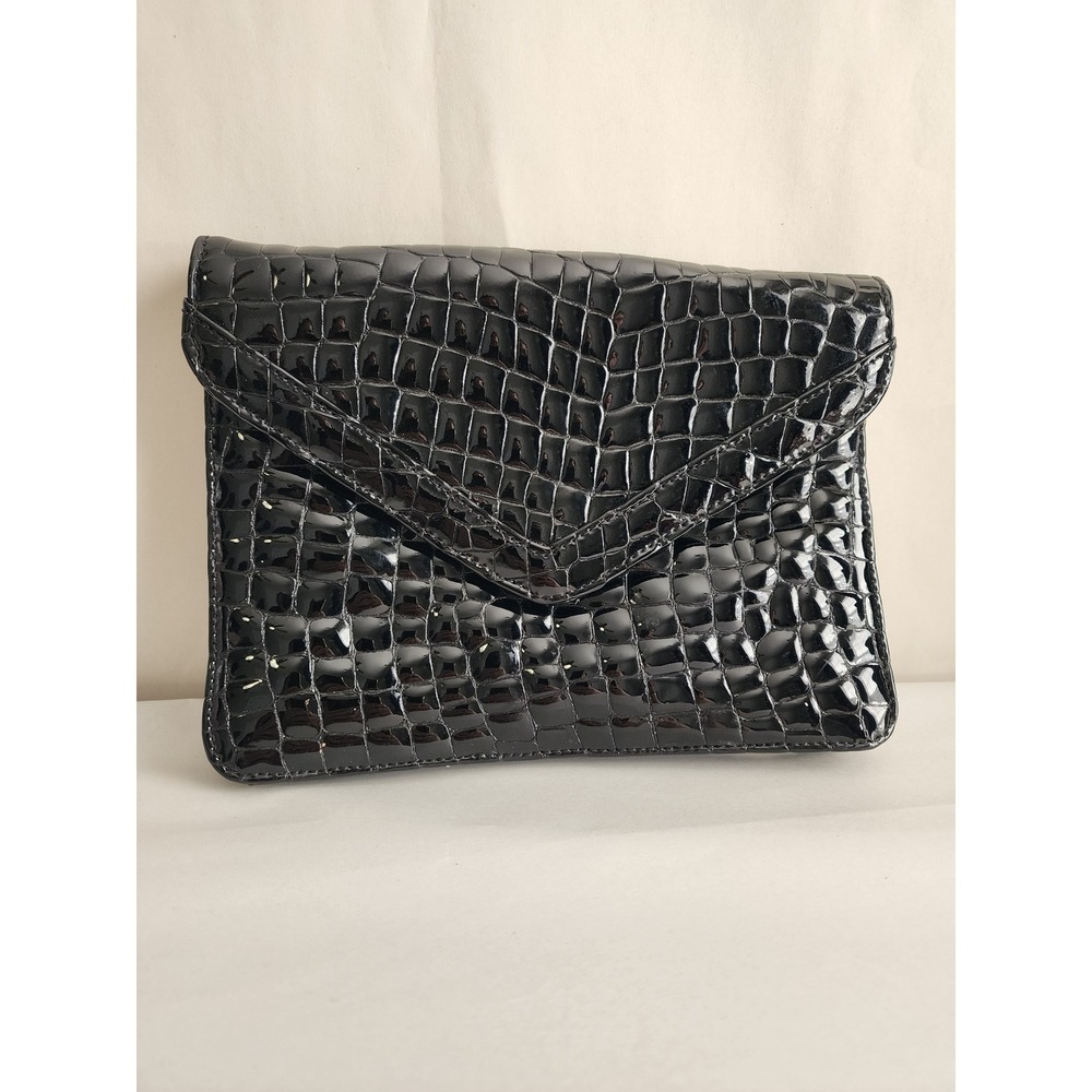 Stiletto Black Patent Croc Embossed Envelope Clutch Bag Purple Lining